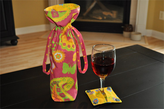 Wine Bottle Gift Bag and Slip on Wine Glass Coaster with Charms