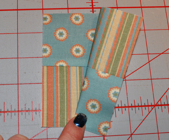 Place sections together, matching center seams and forming a checkerboard square